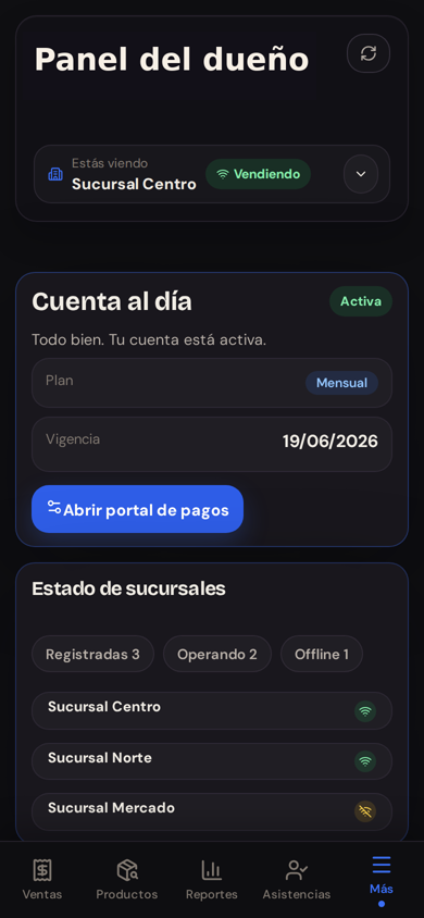 Captura sanitizada de cuenta y estado de sucursales en la app del dueno