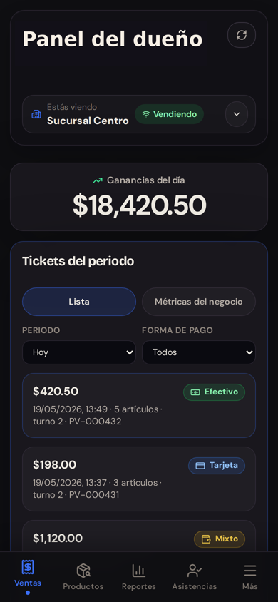 Captura sanitizada de ventas del dia en la app del dueno