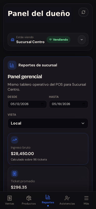 Captura sanitizada de reportes de sucursal en la app del dueno