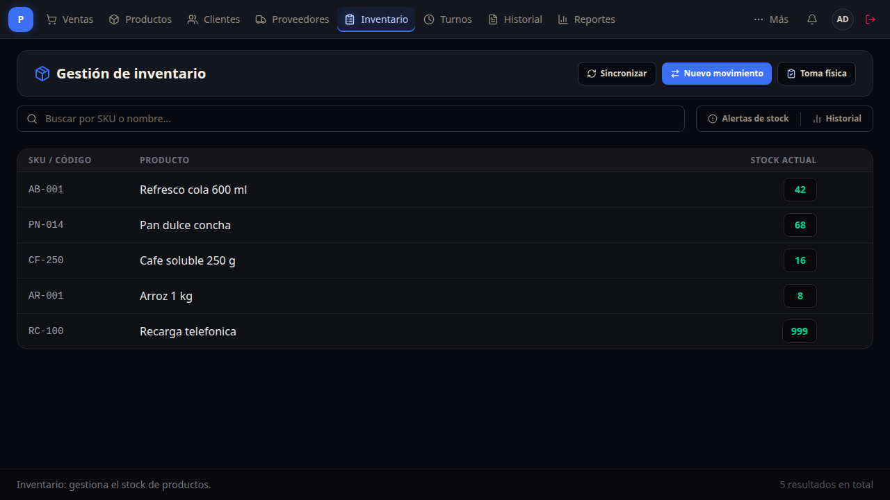 Pantalla real del POS en gestion de inventario con productos y stock actual