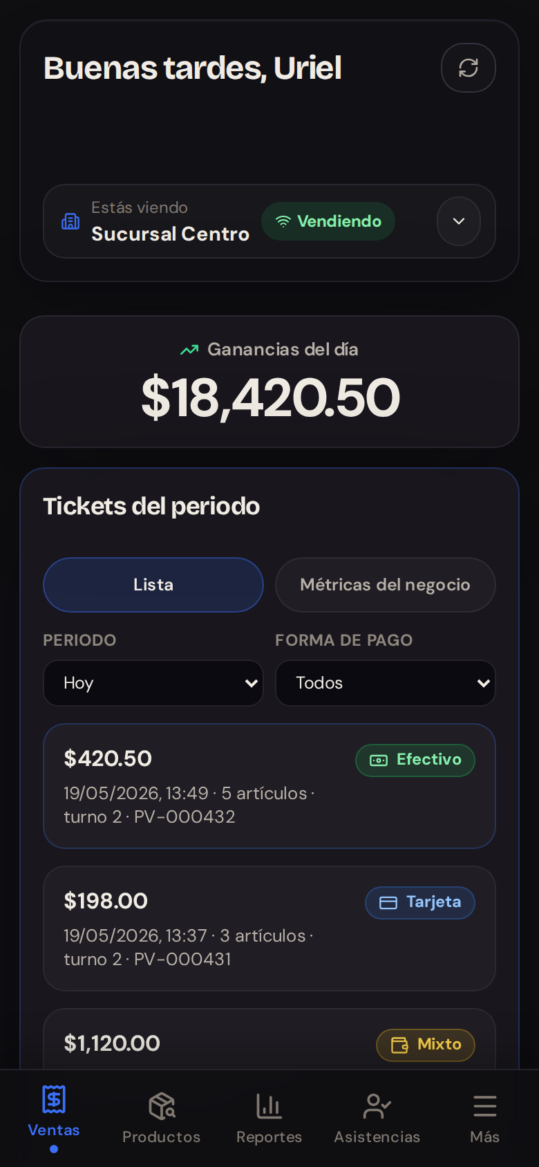 Captura de la app del dueño POSVENDELO con ventas del día y resumen de sucursales
